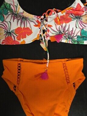 Tropical Lace-Up Bikini Top & High Waist Orange Bottoms
